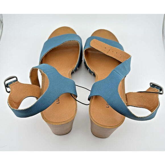 Lucky Brand Teal Turquoise Sandals with Wooden Heel Ankle Strap Size 7 - Picture 2 of 6
